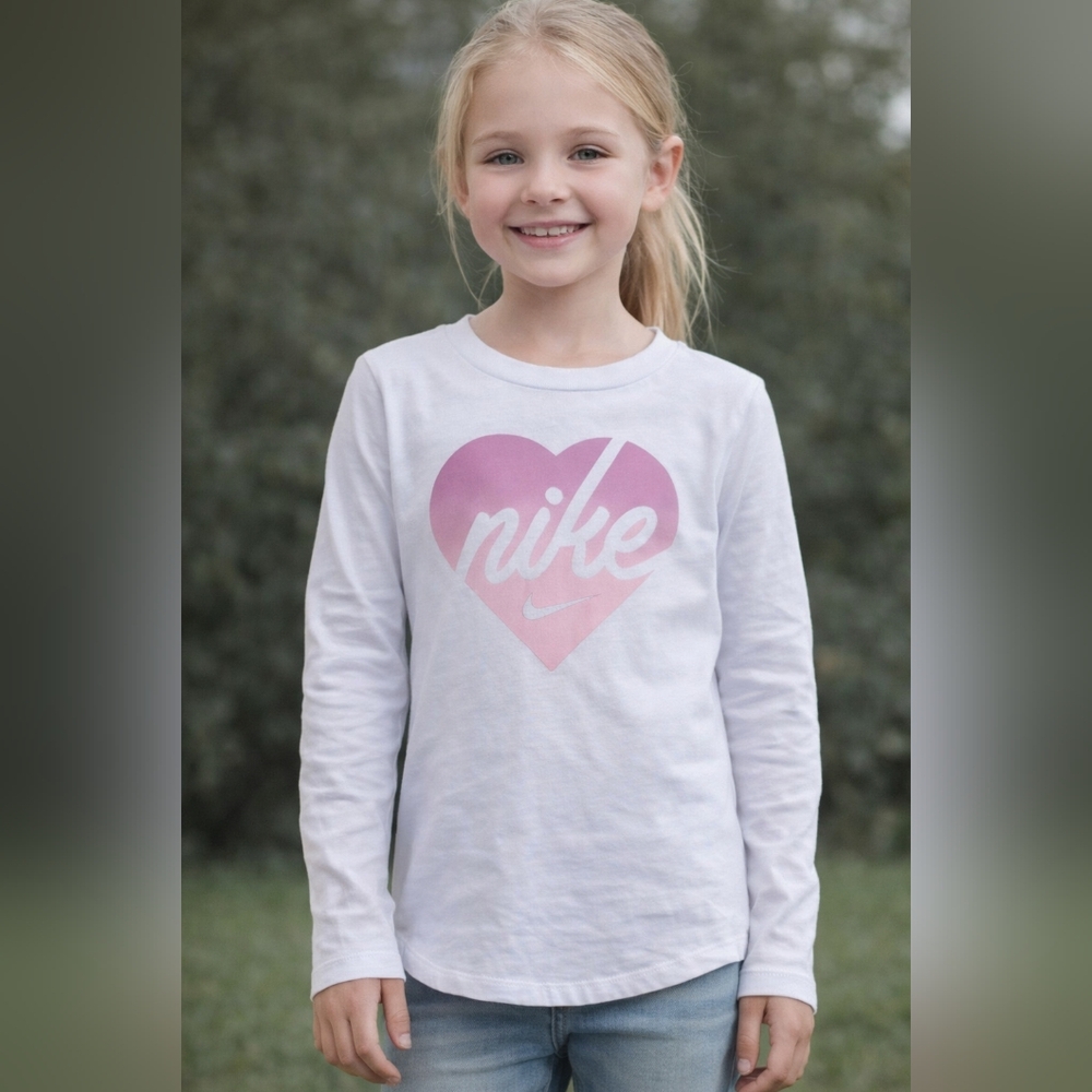 Nike Girls Size 6X White Long Sleeve Tee Pink Heart Logo #2076